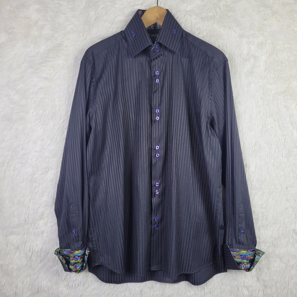 Coogi Classic L Black Striped Dress Shirt 16 32/33 Flip Cuff‎ Purple Button